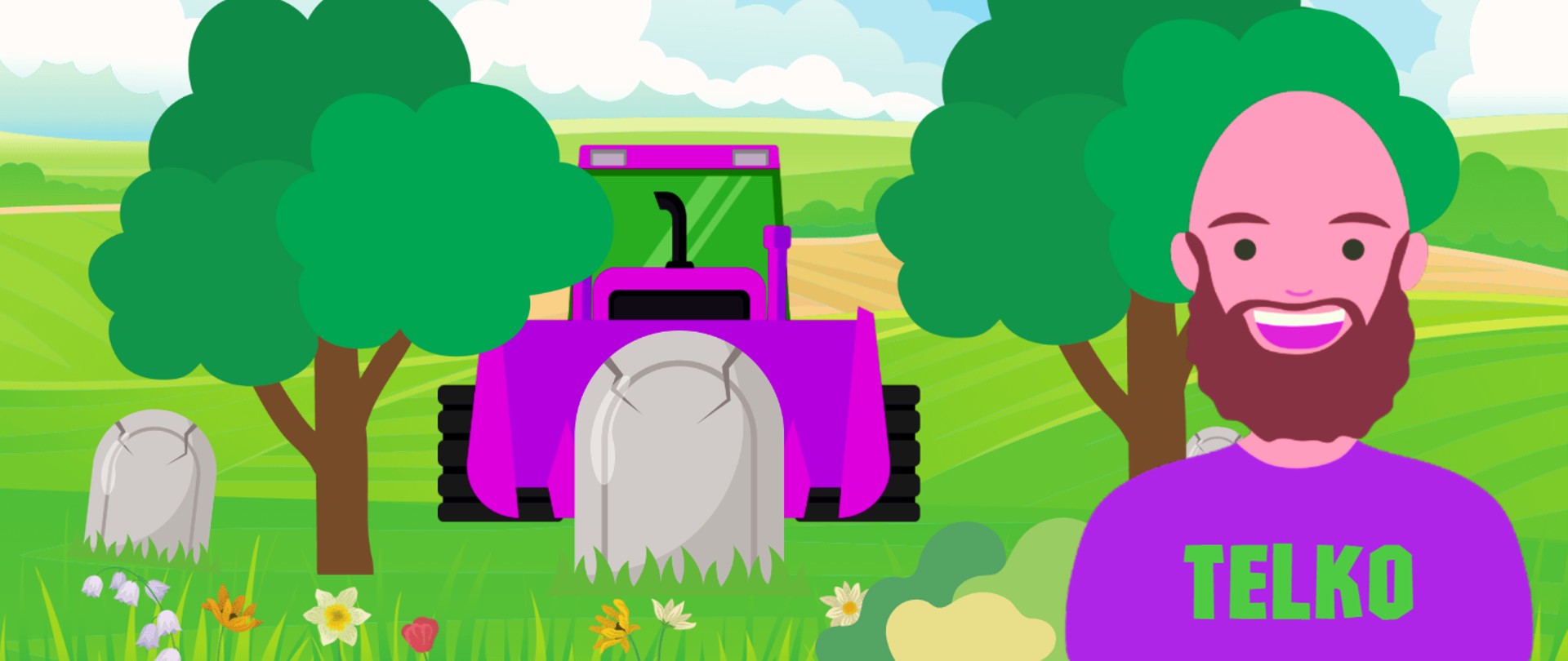 Ilustracja przedstawia niewielki cmentarz wśród drzew. Z tyłu widać nadjeżdżający spychacz. Na pierwszym planie łysy, brodaty mężczyzna w koszulce z napisem TELKO. Uśmiecha się szeroko.