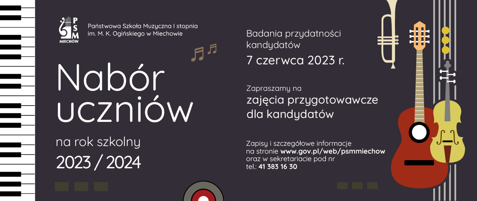 Plakat rekrutacyjny na rok szkolny 2023/24. Na plakacie kolorowe instrumenty z tekstem informującym o terminie badania (7 czerwca 2023) i terminie składania podań (7 czerwca 2023) oraz kontakcie ze szkołą