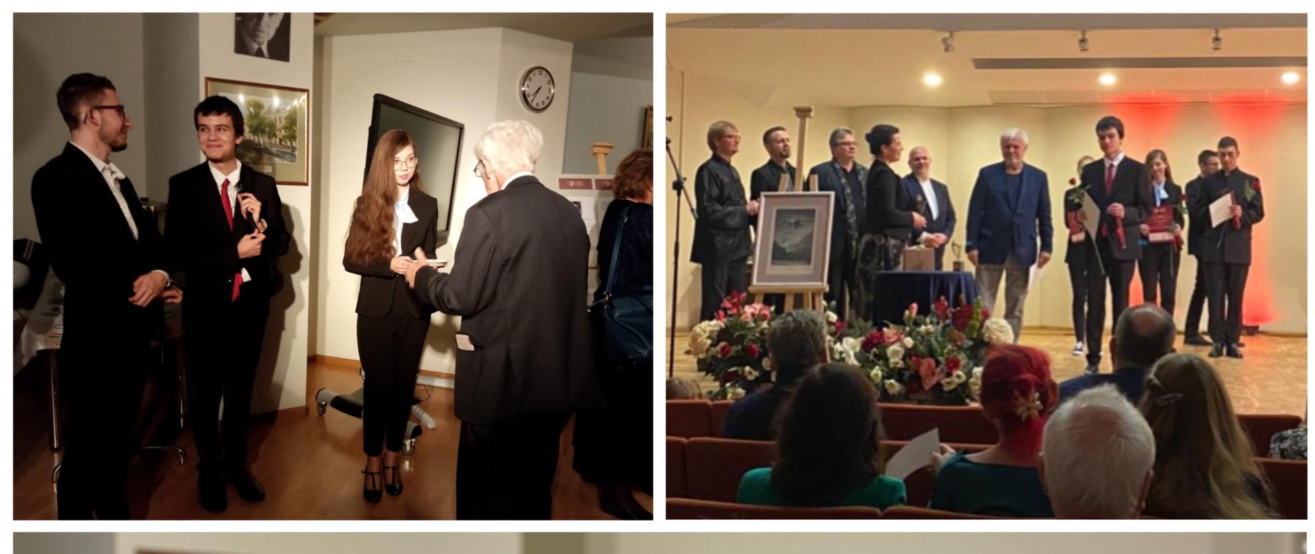 Kolaż składający się z 5 kolorowych zdjęć z uroczystości wręczenia nagród IV Międzynarodowego Konkursu Komopzytorskiego "Patri Patriae" - 2 zdjęcia z sali koncertowej (laureaci stojący na scenie i osoby wręczające im nagrody), 3 zdjęcia ze spotkania po koncercie, w tym zdjęcie Krzysztofa i innych uczestników rozmawiających z prof. A. Jasińskim).