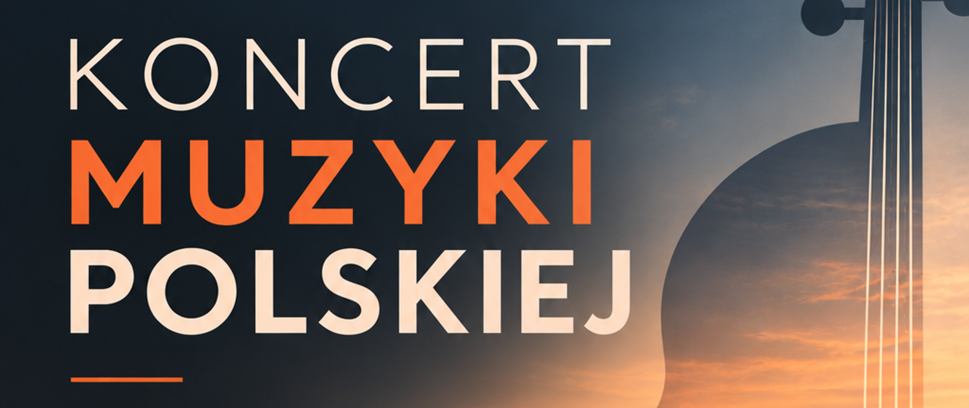 plakat Koncertu muzyki polskiej na tle górskiego krajobrazu z cieniem w kształcie skrzypiec z prawej strony