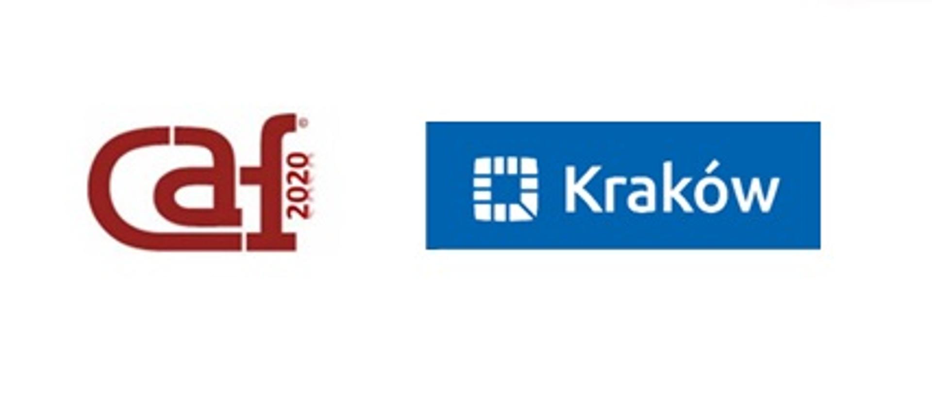 Czerwone logo CAF 2020 oraz logo Urzędu Miasta Krakowa