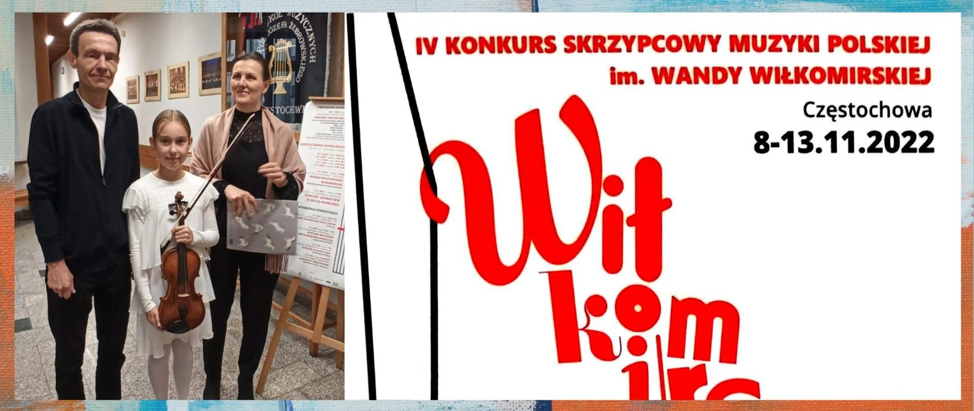 Projekt zawiera grafikę po prawej stronie i zdjęcie po lewej. Grafika posiada białe tło, na którym od góry znajdują się napisy, w tym nazwa konkursu skrzypcowego w kolorze czerwonym, niżej data i miejsce wydarzenia w kolorze czarnym, a jeszcze niżej w pionie pierwsze litery nazwiska Wiłkomirska. Zdjęcie przedstawia od lewej nauczyciela klasy skrzypiec w ciemnym swetrze, uczennicę w białej sukience ze skrzypcami w dłoni i panią akompaniator ubraną na czarno z szalem w kolorze pudrowego różu zarzuconym na ramiona. Zdjęcie jest wykonane na korytarzu, który stanowi tło. Z prawej strony znajduje się sztaluga z plakatem konkursu a obok gablota ze sztandarem. Na białej ścianie wiszą obrazki. Widoczne są również drewniane wykończenia. 