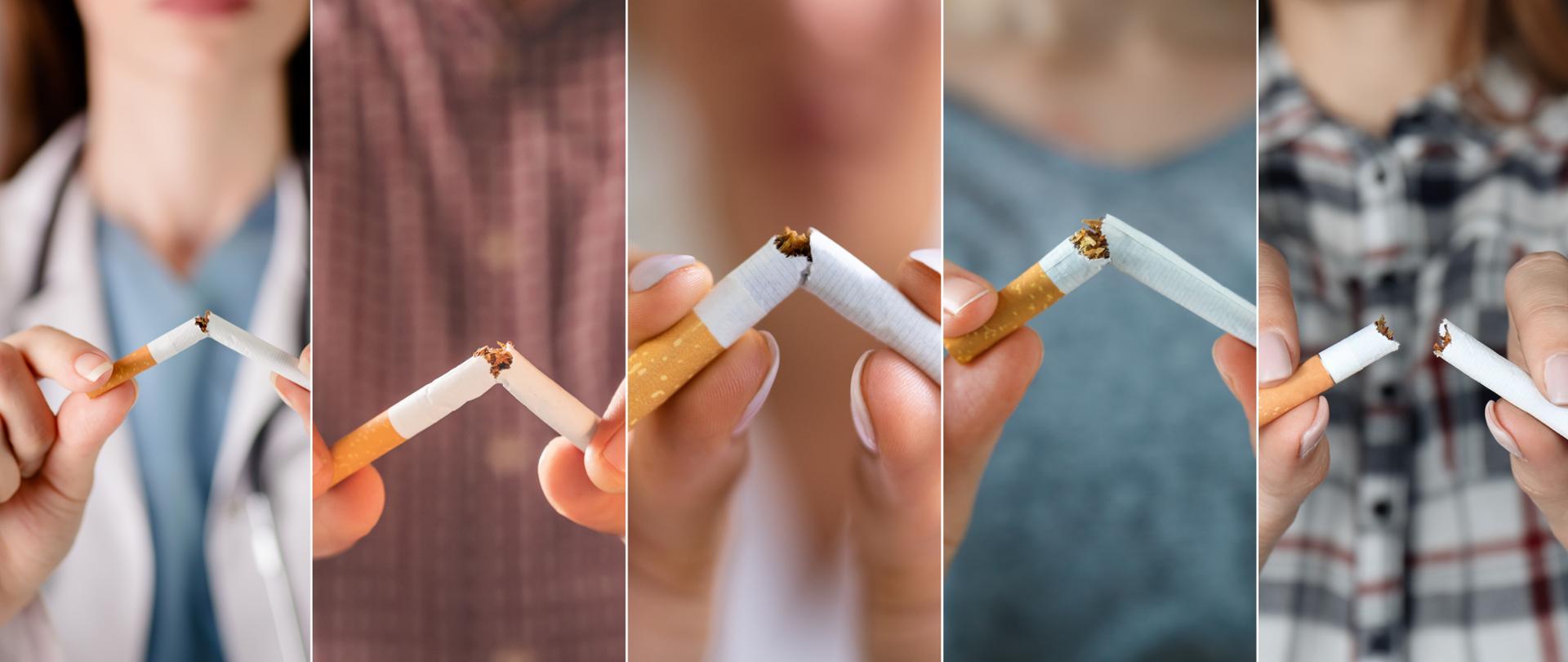 Na planszy kilka osób przełamuje papierosa na znak rzucenia palenia