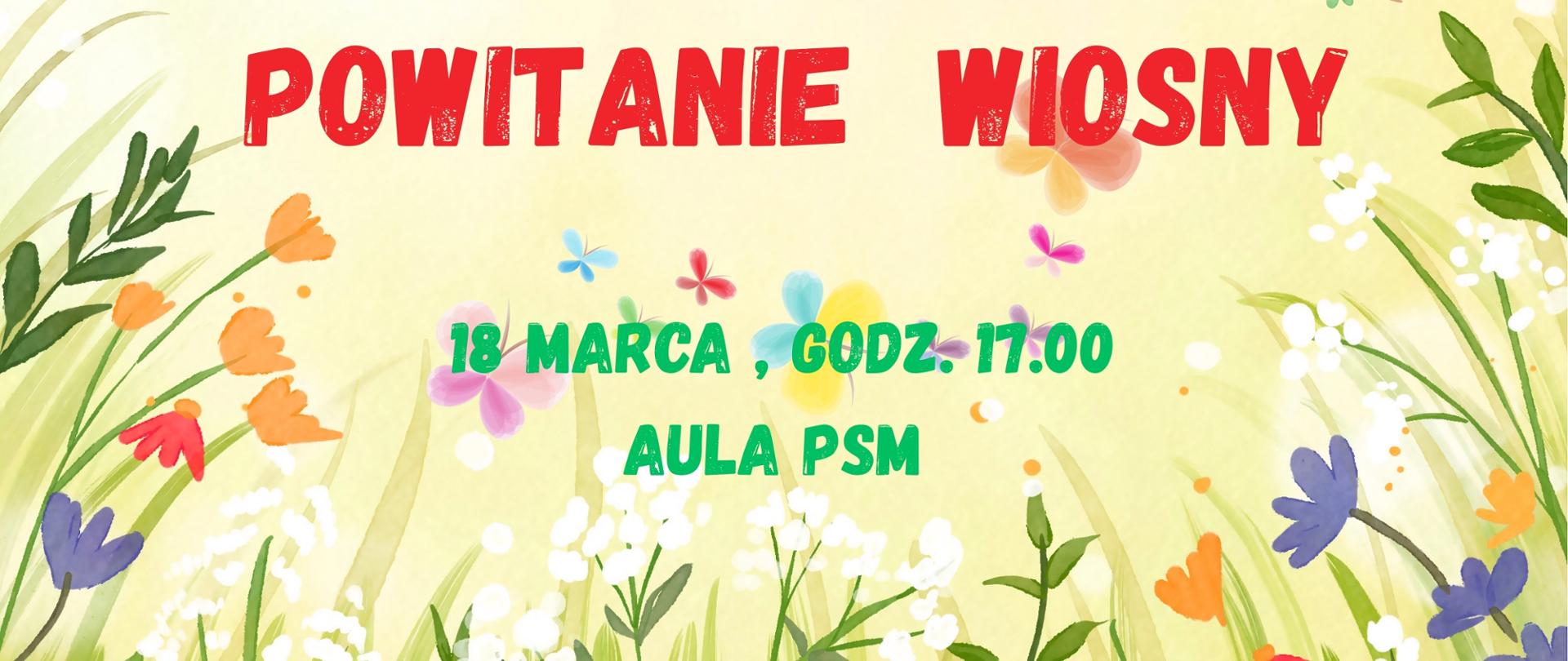 Plakat przedstawia na dole rysunek trawy z roślinami wiosennymi, powyżej rysunki ptaków i owadów wiosennych. Na środku czerwony napis informujący o koncercie wiosennym z nagrodami.