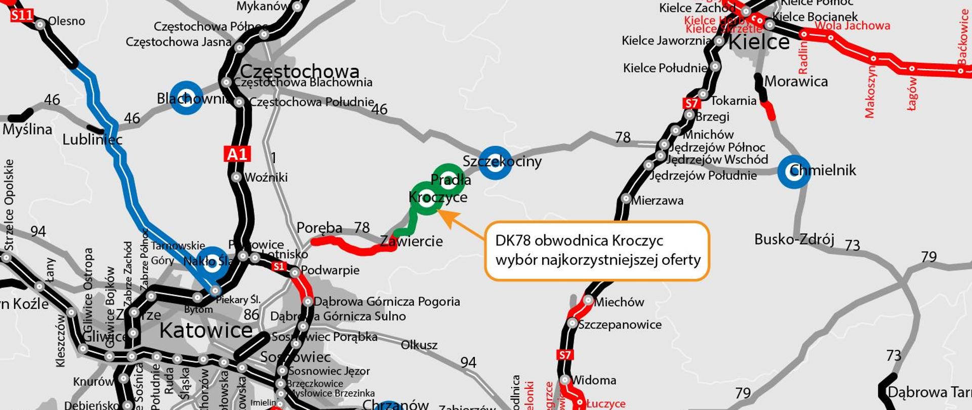 Mapa informująca o wyborze najkorzystniejszej oferty na realizację obwodnicy Kroczyc w ciągu drogi krajowej nr 78