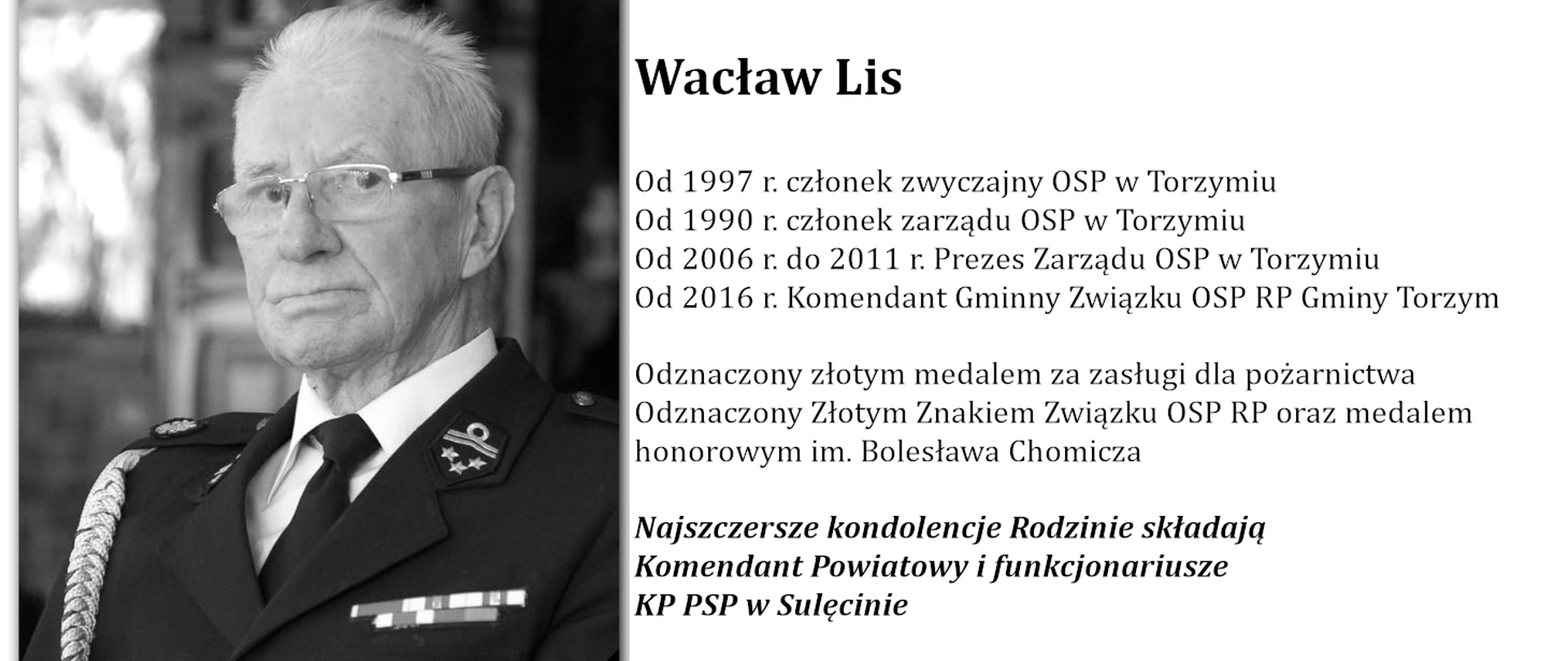 Obraz przedstawia osobę na czarno-białym zdjęciu i opis służby w OSP