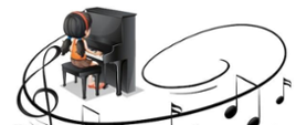 Grafika przedstawiająca dziewczynkę grającą na pianinie. Dźwięki wydobywane przez instrument zostały przedstawione graficznie jako pięciolinia z kluczem wiolinowym i nutami.