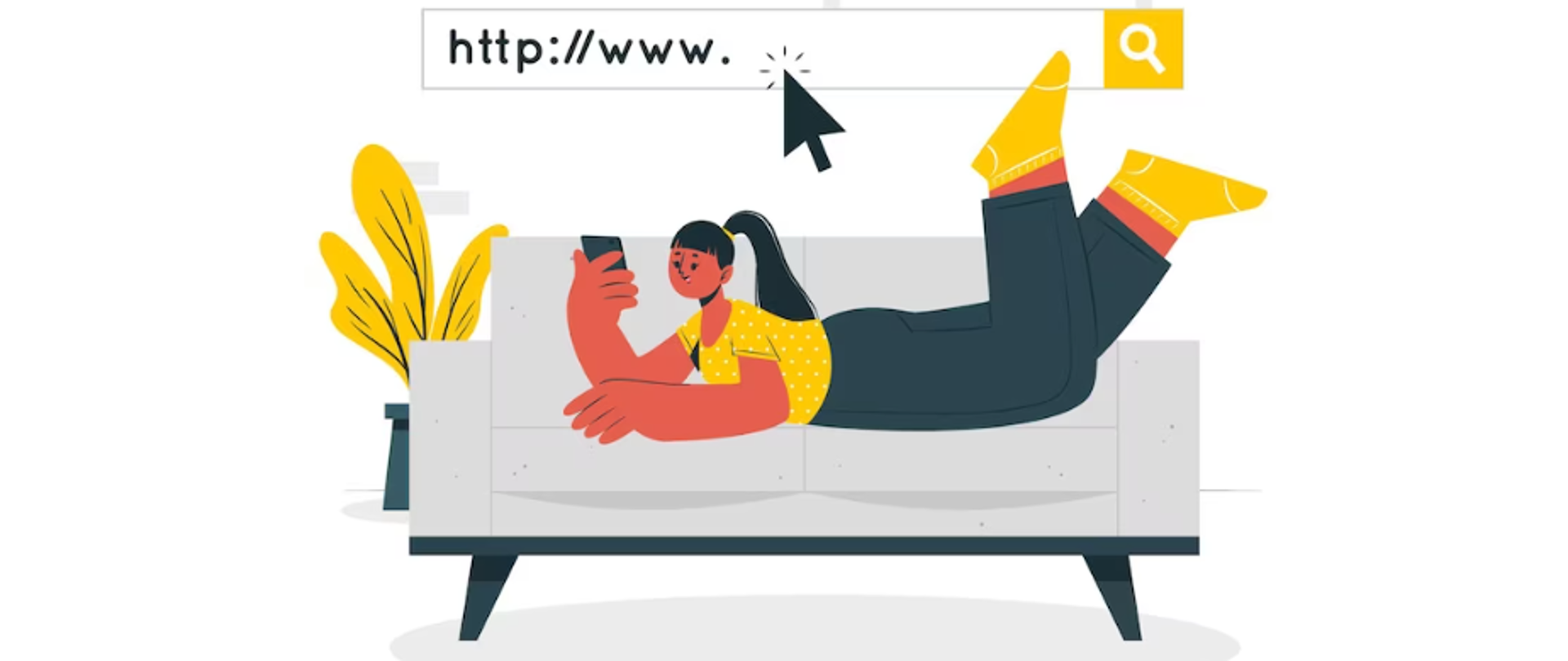 Grafika wektorowa - leżąca na brzuchu dziewczyna na kanapie w żółtym stroju w ręce trzyma smarfon