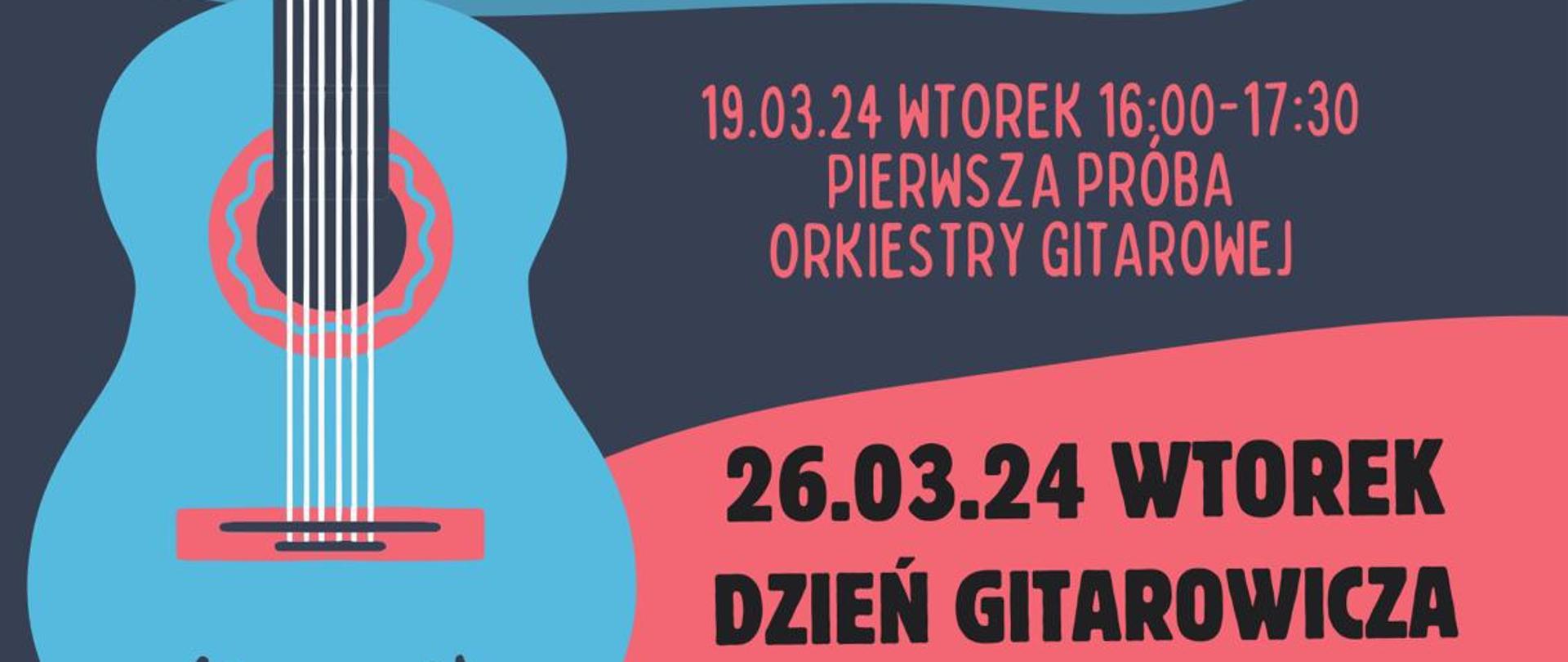 Plakat dnia Gitarowicza w Państwowej Szkole Muzycznej I st. im. Janiny Garści w Jeleniej Górze w dniach 19 i 26 marca 2024 r..
Tło granatowo - łososiowe. Po lewej stronie znajduje się znak graficzny przedstawiający fragment gitary w kolorze niebieskim, rozeta pudła rezonansowego i podstrunnica jest w kolorze łososiowym, struny-białe. Napisy na granatowym tle na górze są w kolorze łososiowym, a na tle łososiowym - czarne.