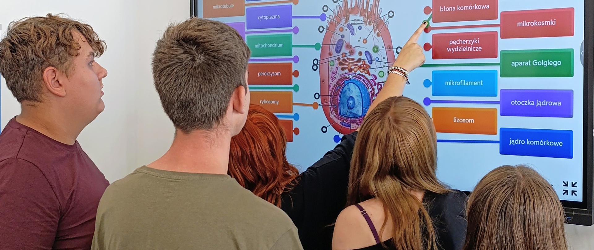 Grupa uczniów stojących przy monitorze interaktywnym