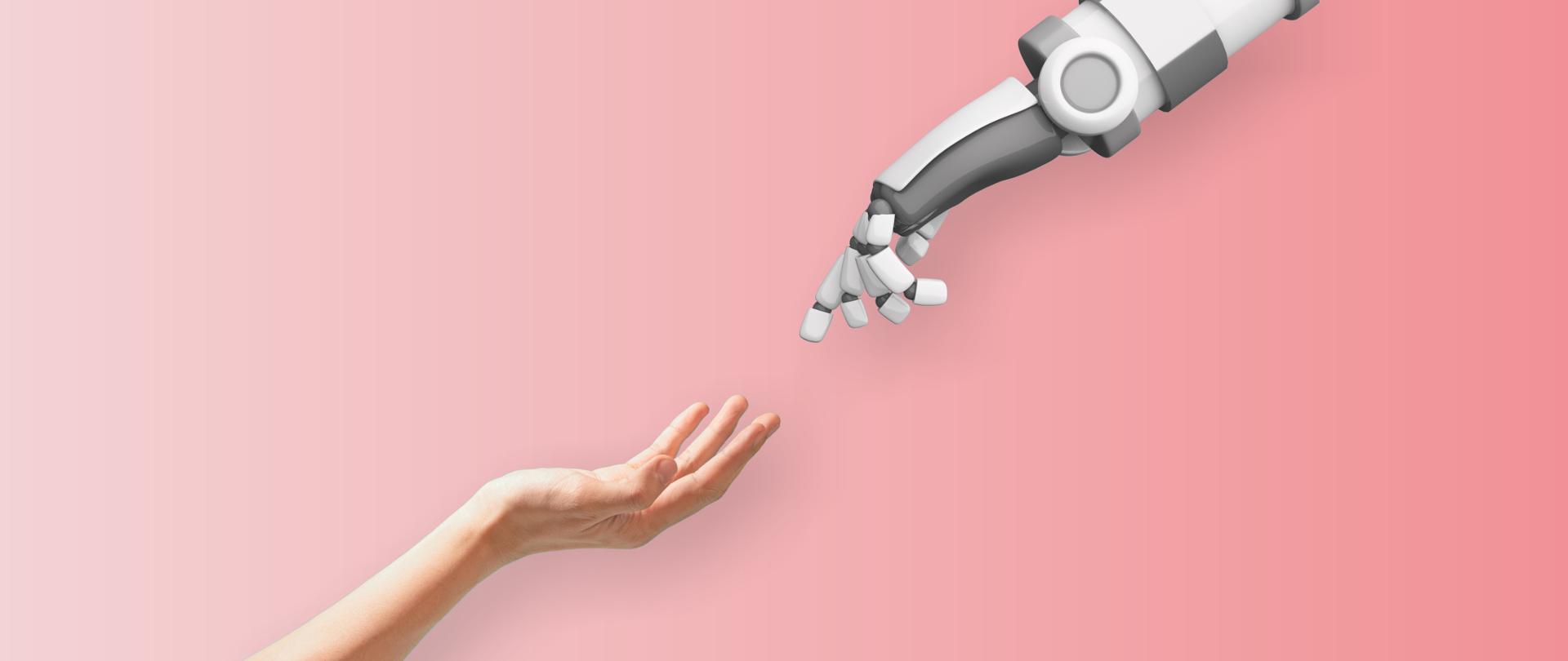 Grafika nawiązująca do fresku Michała Anioła "Stworzenie Adama" - dwie zbliżające się do siebie (od góry i dołu) dłonie. Na górze - ręka robota. Na dole - ręka człowieka.