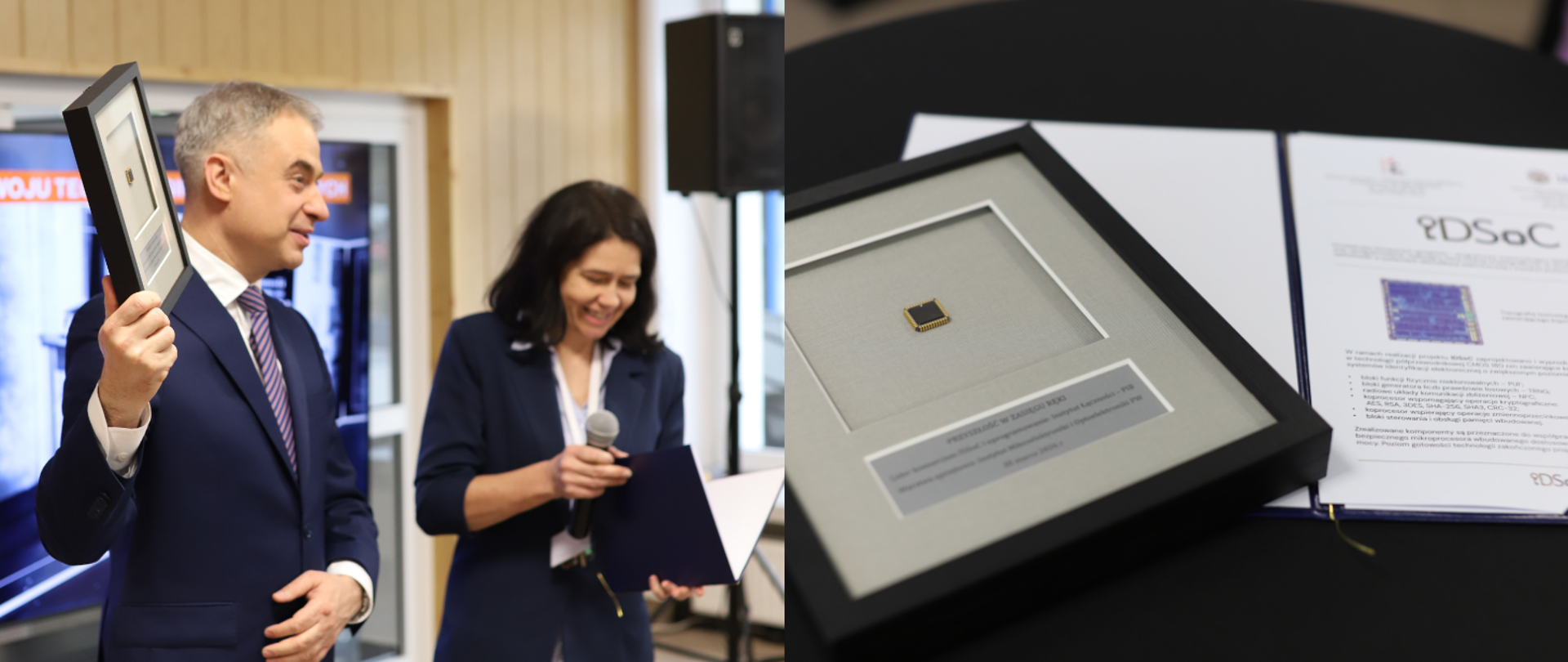 Wicepremier, Minister Cyfryzacji Krzysztof Gawkowski, Dyrektor IŁ-PIB Anna Streżyńska oraz prototyp mikroprocesora IDSoC.