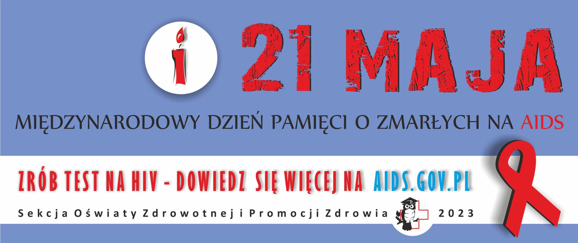 Niebieski baner z czerwoną świeczką na tle białego koła. Napis na banerze: Zrób test na hiv - dowiedz się więcej na aids.gov.pl.