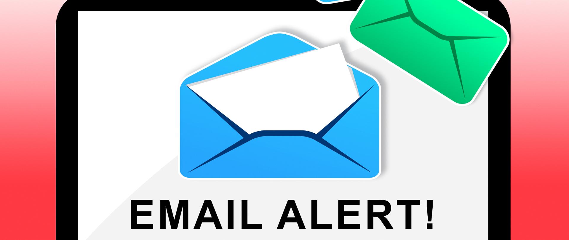 Monitor z kopertami i napis email alert
