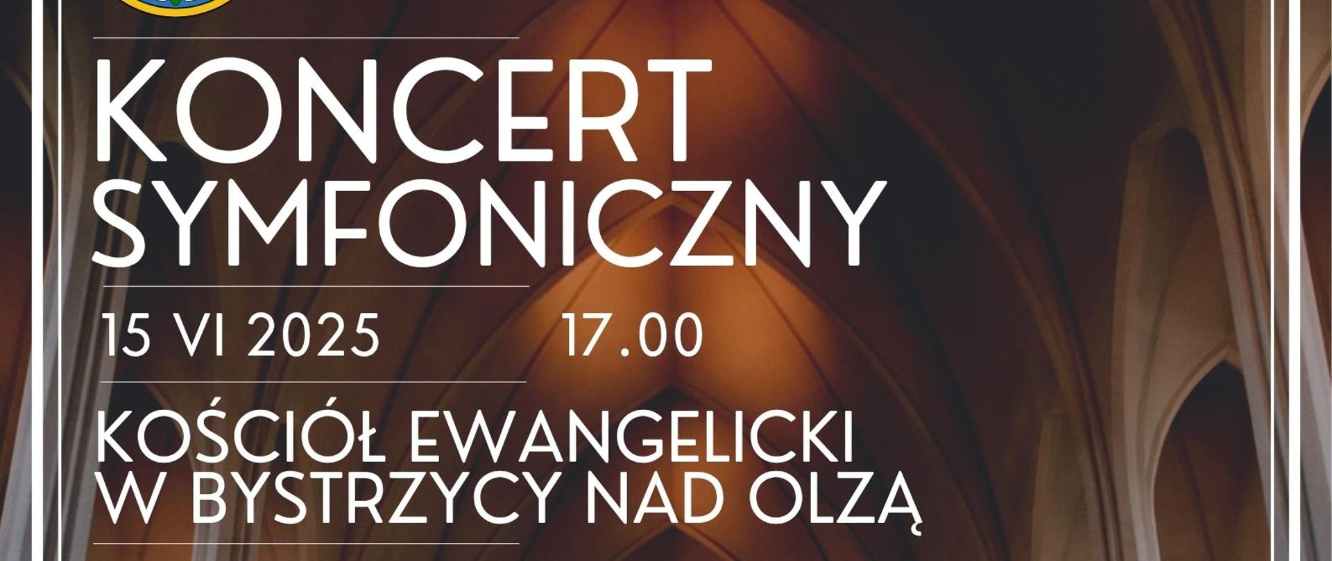 Tło zdjęcie wnętrza kościoła, tekst dotyczący koncertu symfonicznego uczniów ZSM w Bystrzycy nad Olzą