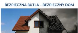 Plakat podzielony na dwie części przedstawiający ten sam dom w dwóch różnych stanach. Lewa strona pokazuje zadbany, nowoczesny dom w słoneczny dzień – symbol bezpieczeństwa. Prawa strona ukazuje ten sam dom zniszczony przez wybuch lub pożar, z czarnym dymem i wypaloną konstrukcją – symbol zagrożenia. Na dole znajduje się napis: „PŁACISZ – WYMAGAJ! TO TWOJE BEZPIECZEŃSTWO”, oraz informacja o bezpiecznym użytkowaniu butli LPG z adresem strony www.tdt.gov.pl i kodem QR. Nagłówek plakatu: „BEZPIECZNA BUTLA – BEZPIECZNY DOM”.