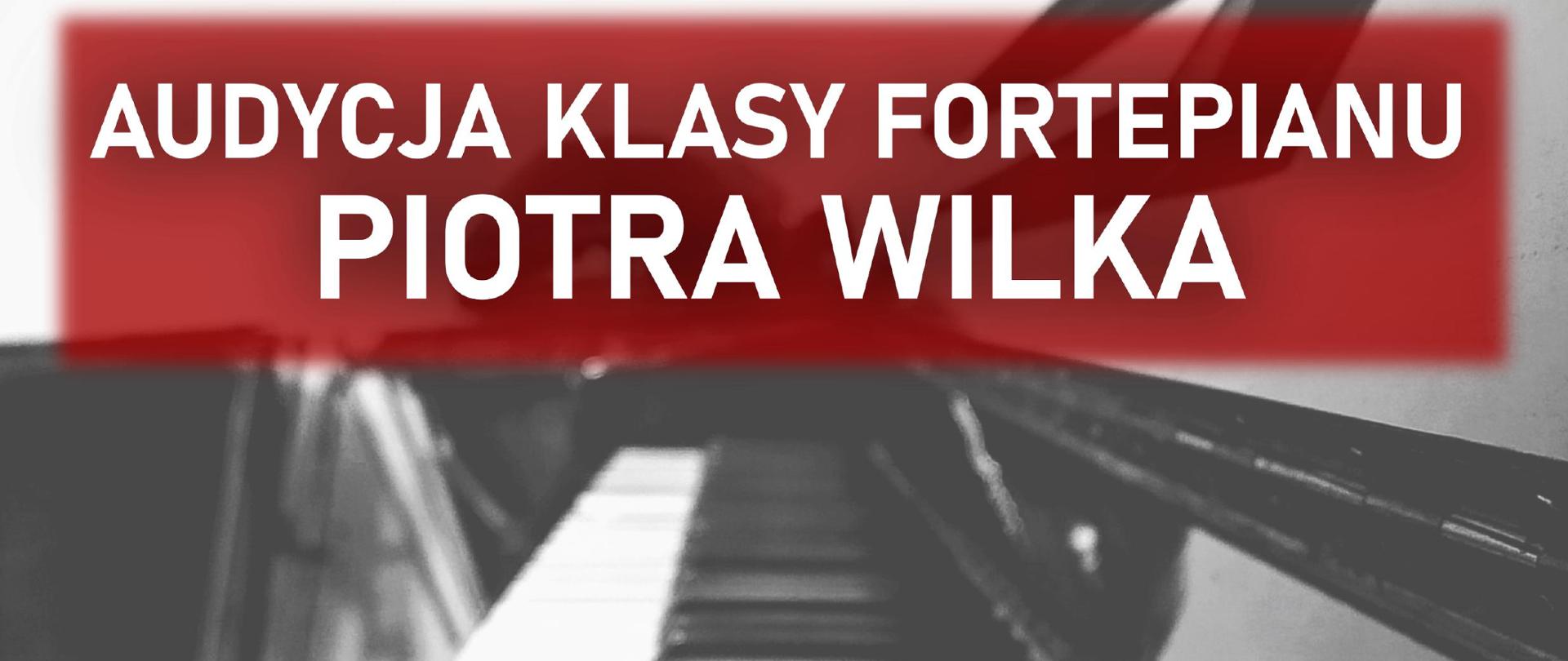 Plakat z informacją o audycji klasy fortepianu p. Piotra Wilka. W tle czarno-biała klawiatura fortepianowa