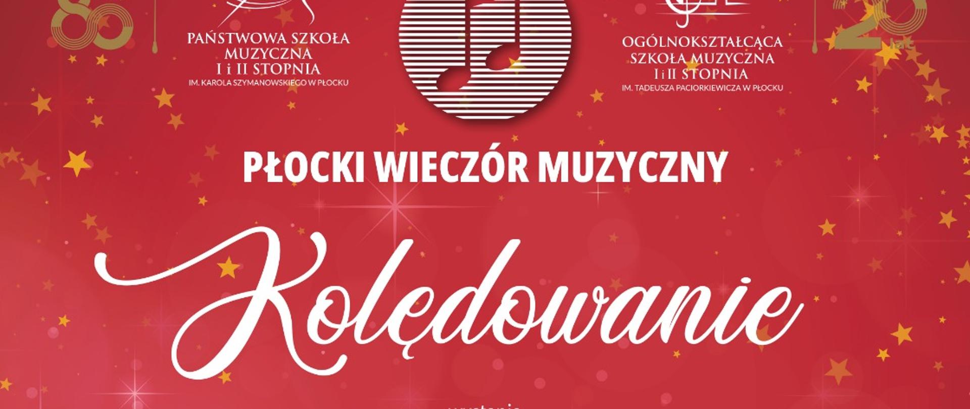 Na czerwonym tle informacje o występujących i tytuł, na dole plakatu zarysy białe domków i choinek.