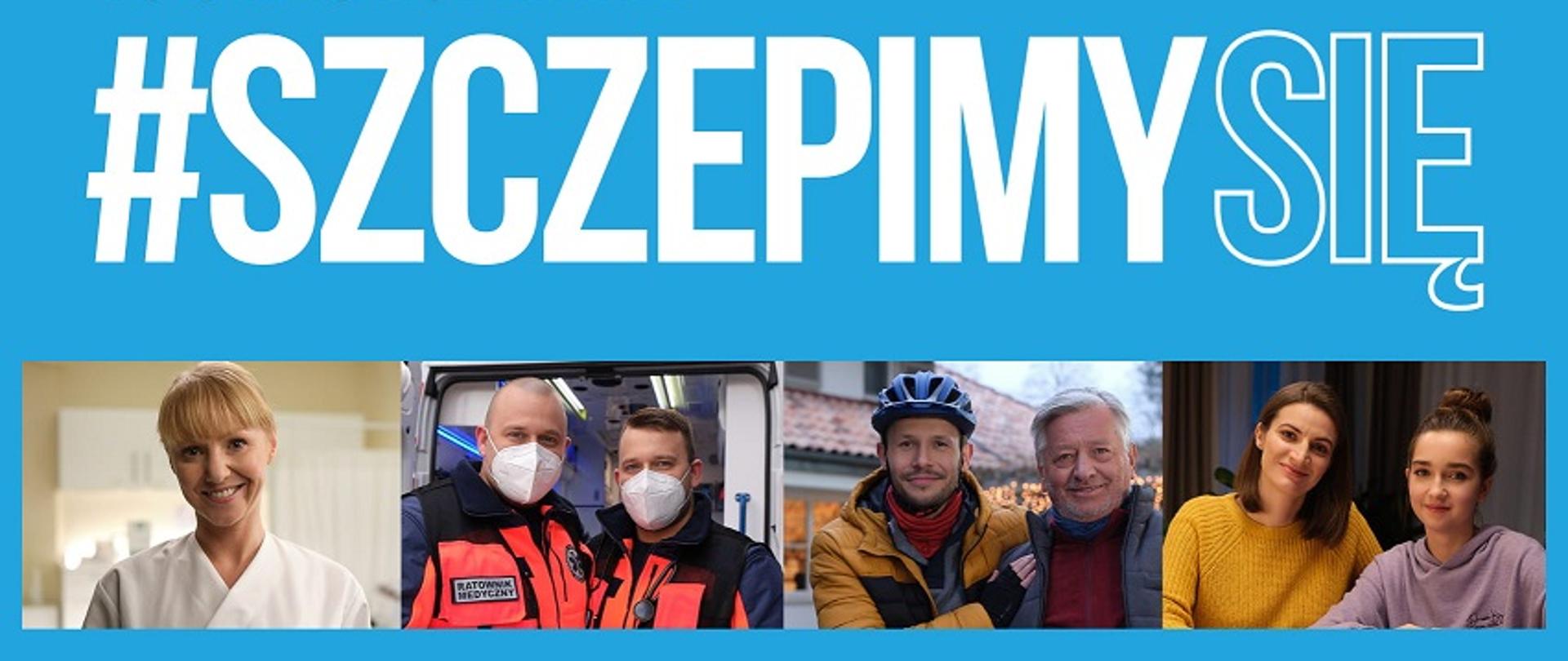 plakat dot. szczepień, białe napisy na niebieskim tle