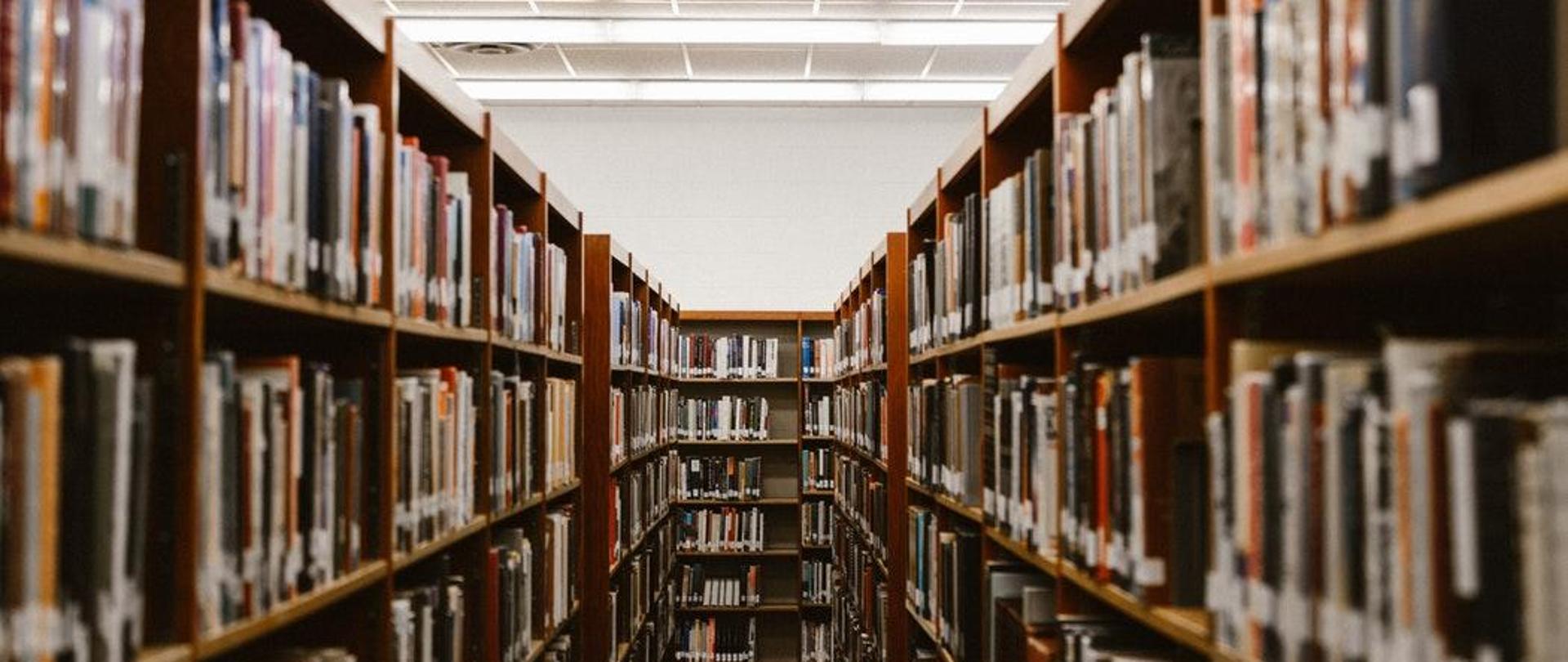 Zdjęcie - alejka w bibliotece, półki z książkami.