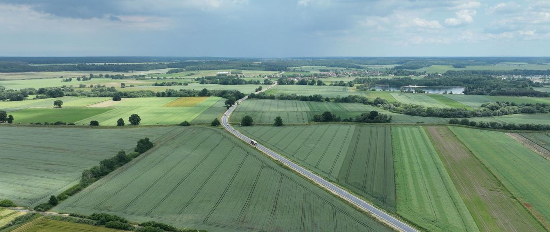 Fragment DK46 w Sidzinie, dookoła drogi zielone łąki, niebo pochmurne, widok z lotu ptaka