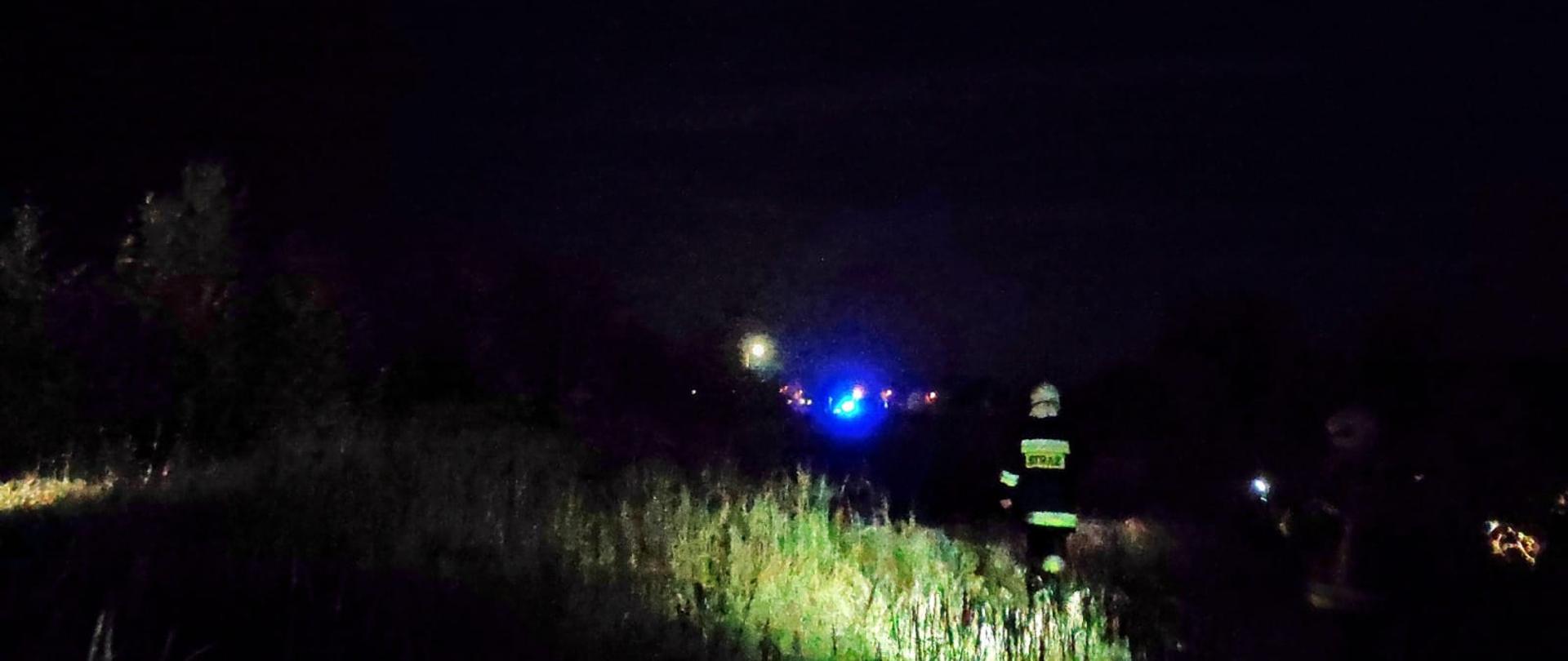 Widać trawy, strażaka, jest ciemno, miejsce oświetlone latarkami, w oddali niebieskie światło błyskowe