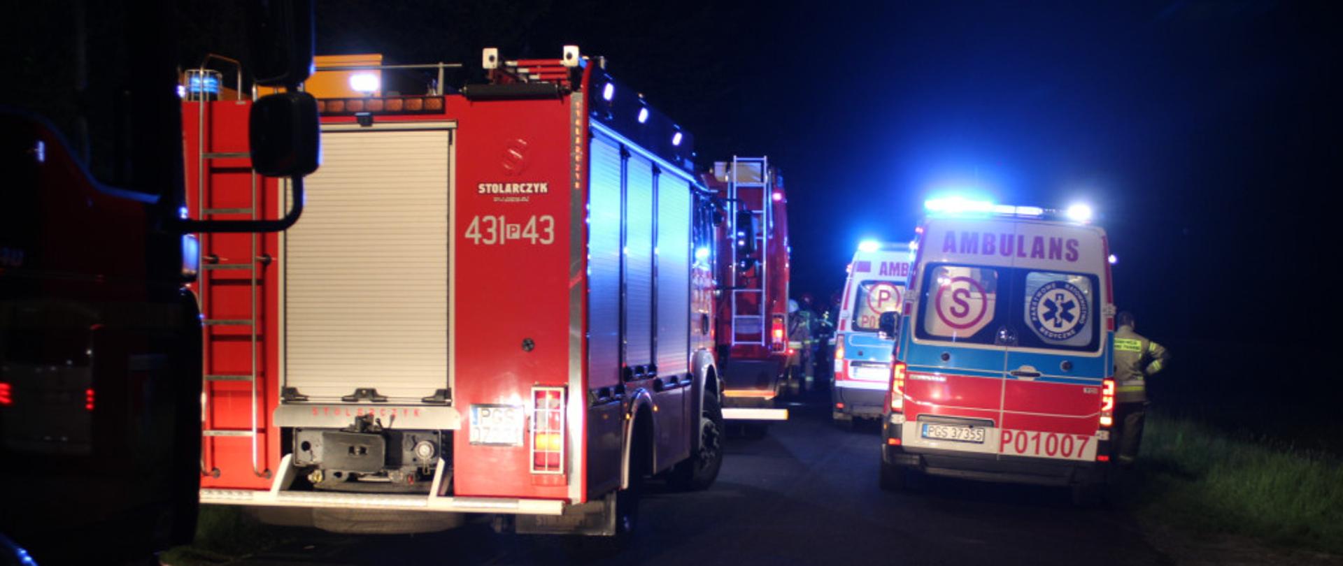 Zdjęcie przedstawia 2 wozy strażackie oraz 2 karetki pogotowia podczas wypadku. Stoją one na jezdni z włączonymi światłami błyskowymi.
