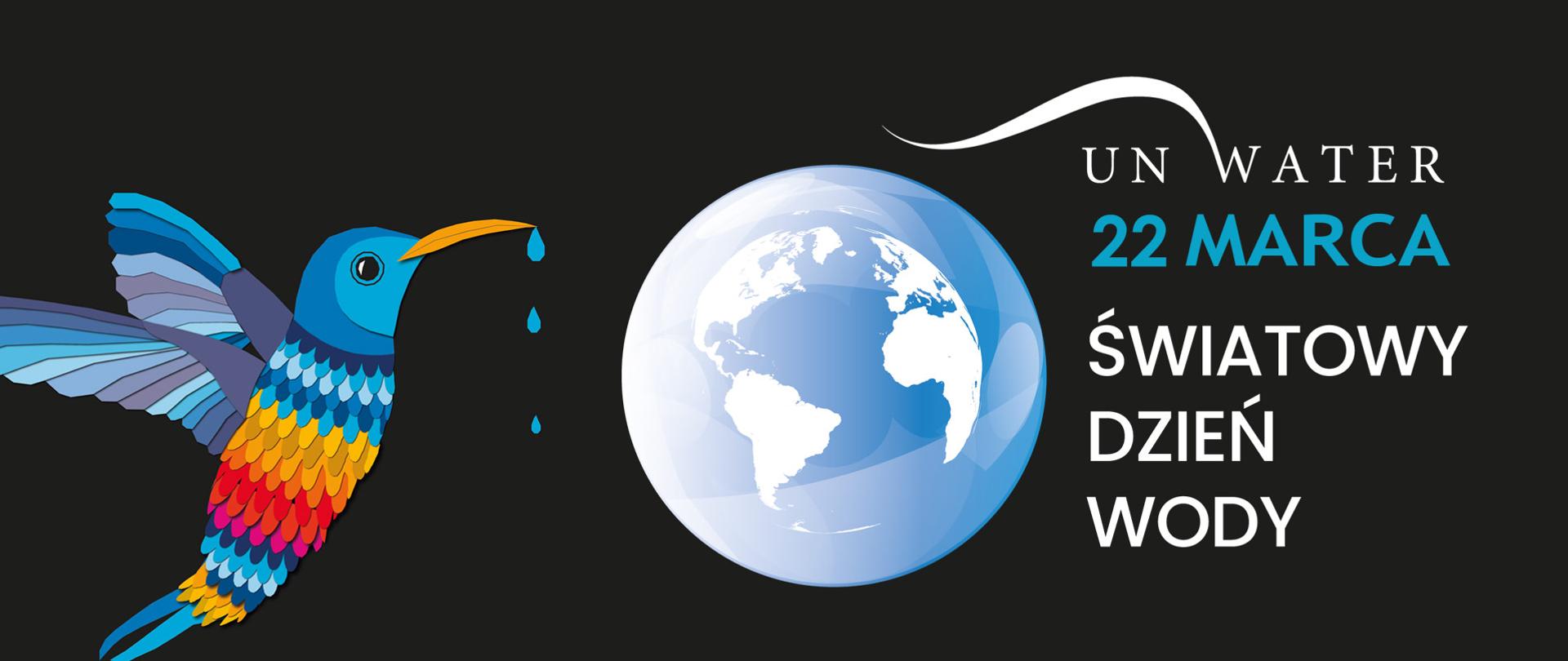 Grafika przedstawiająca kolibra z którego dzioba kapie woda. Obok logo z kulą ziemską i napisem: UN WATER, Światowy Dzień Wody. 22 marca 