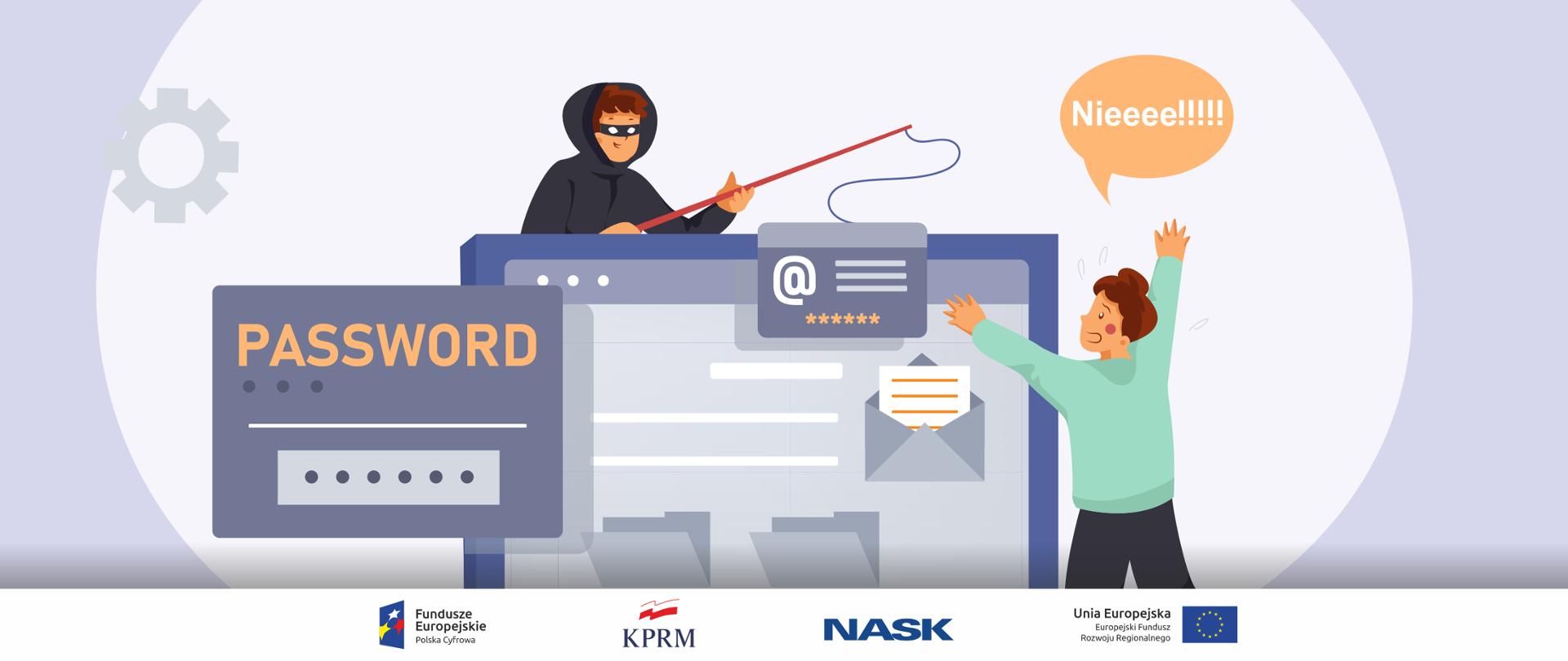 Kolorowa grafika wektorowa. Na górze - haker z wędką wyciągający z komputerów dane i pliki. Przed nim zdenerwowany mężczyzna krzyczący "Nieeee!".
