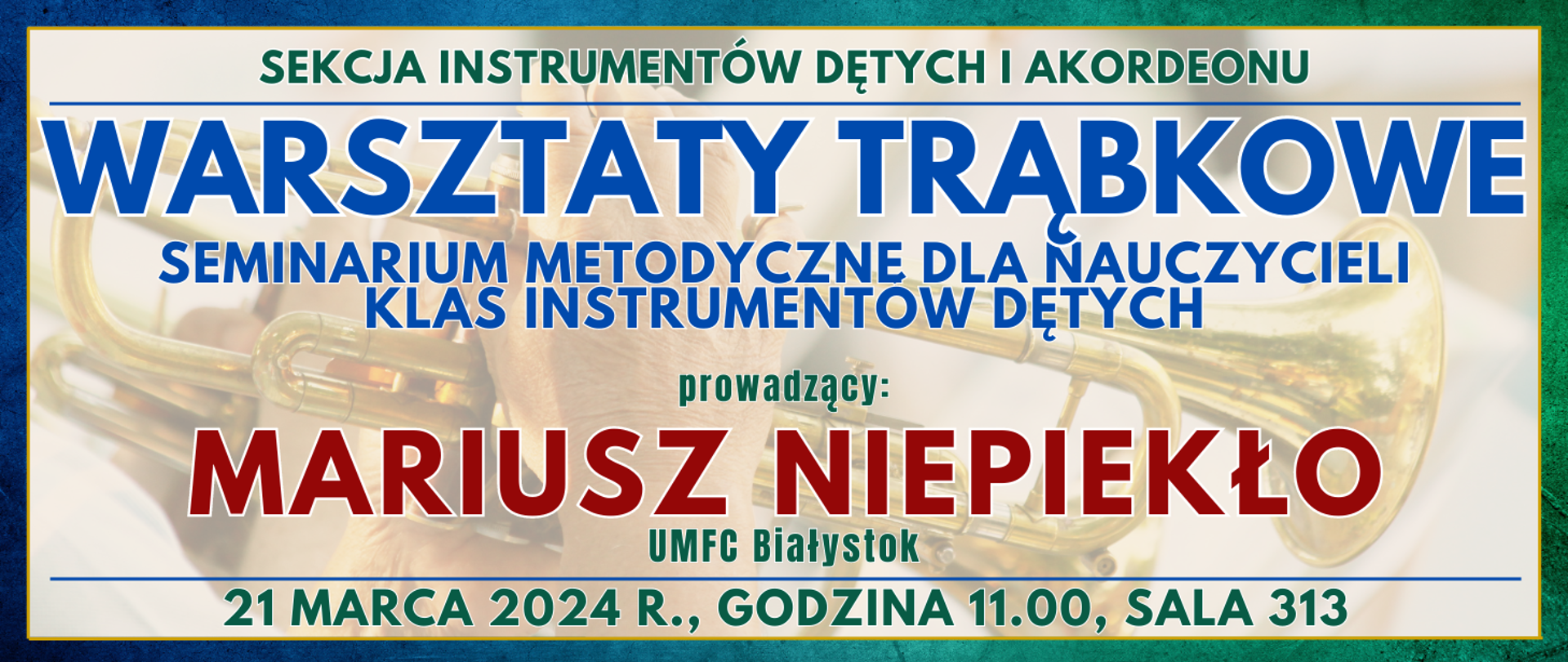 kolorowe tło z półprzezroczystą trąbką oraz informacja o wydarzeniu