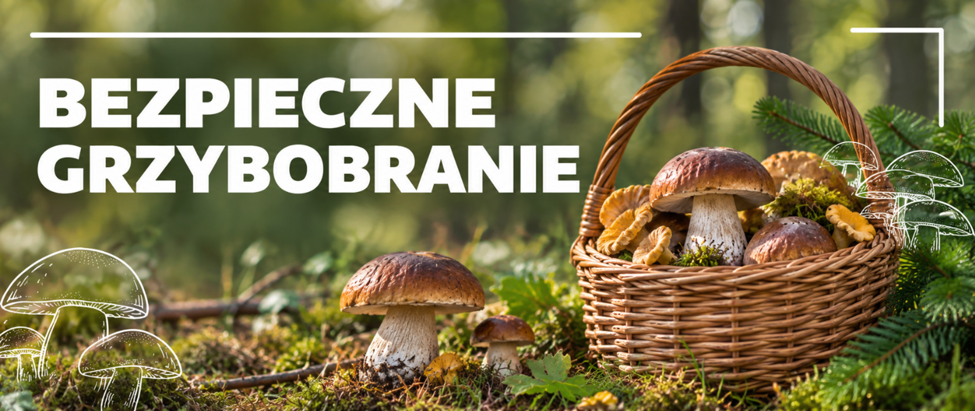 na zdjęciu kosz pełen grzybów postawiony na ściółce leśnej i napis Bezpieczne grzybobranie 