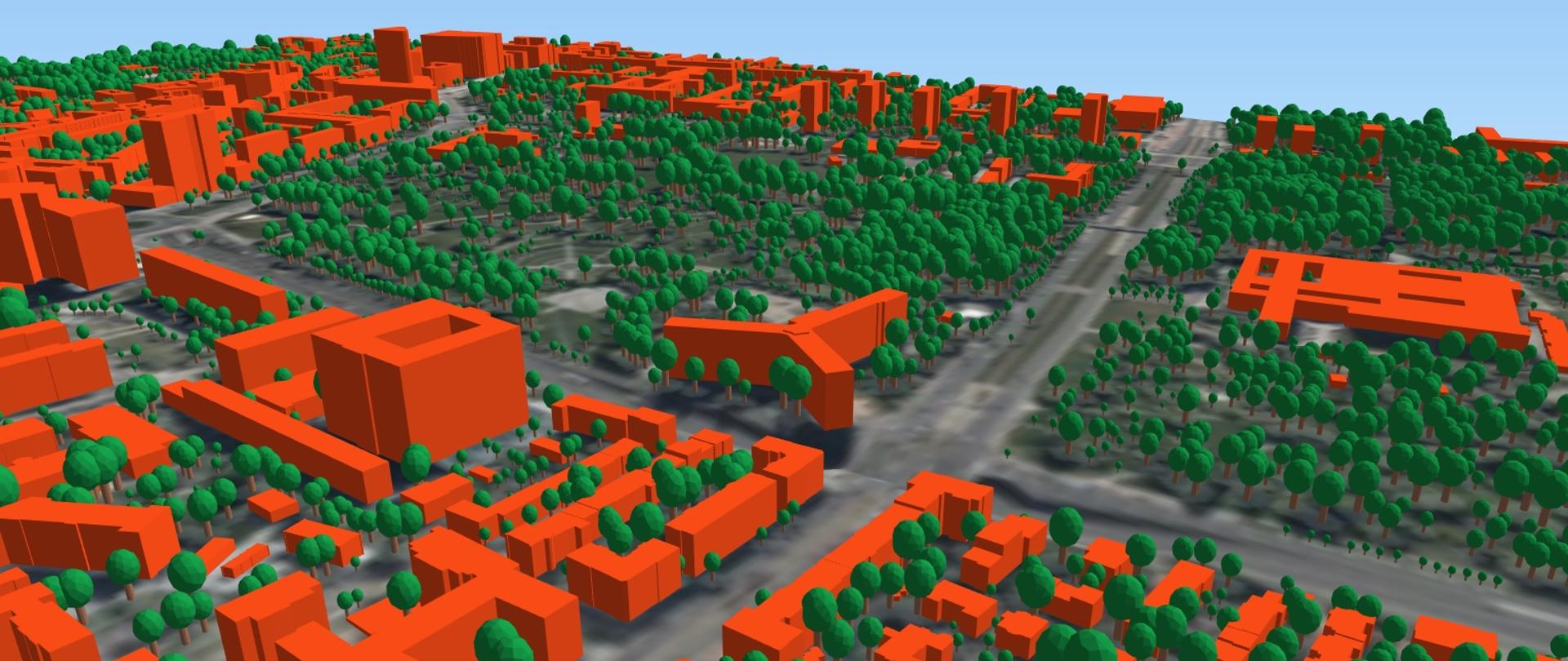 zrzut przedstawia wygenerowane modele 3D drzew wraz z modelami 3D budynków dla Warszawy