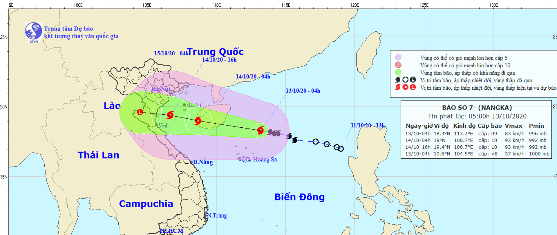 Mapa ukazująca postępowanie burzy tropikalnej "Nangka", która dotrze do Wietnamu 14.10.2020