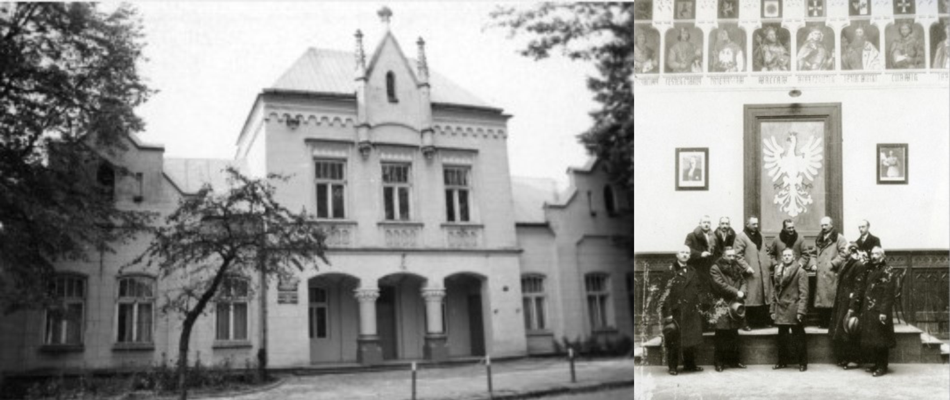 grafika składa się z dwóch zdjęć, po lewej stronnie widnieje budynek szkoły przy ulicy Tadeusza Kościuszki, po prawej wnętrze sali królewskiej z grupą osób zgromadzoną pod charakterystycznym godłem polski