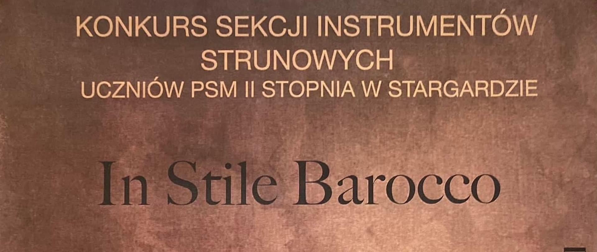 Plakat przedstawia cztery instrumenty smyczkowe, na brązowym tle widoczne są małe nutki.