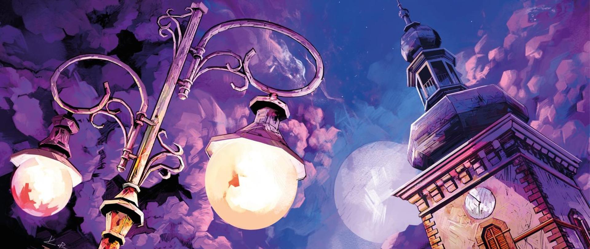 Plakat w odcieniach czerni fioletu i beżu. Na plakacie jest latarnia, wieża kościoła oraz nocne niebo. 