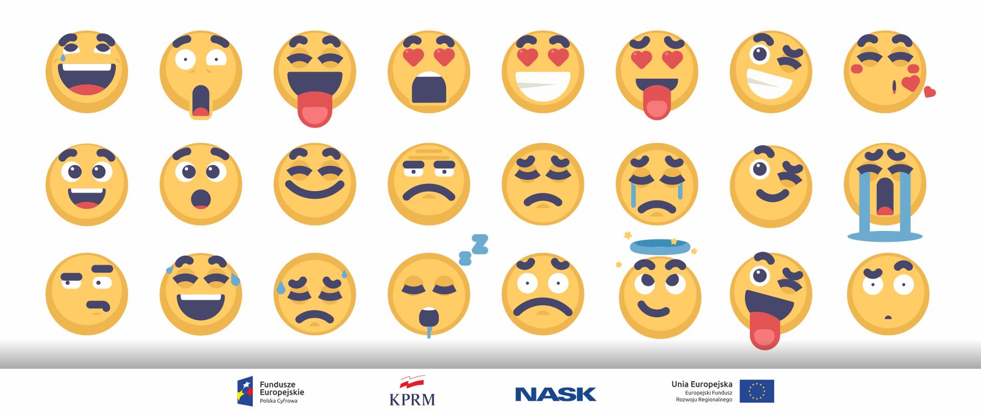 24 żółte emotikony na białym tle, każdy z nich przedstawia inną emocję.