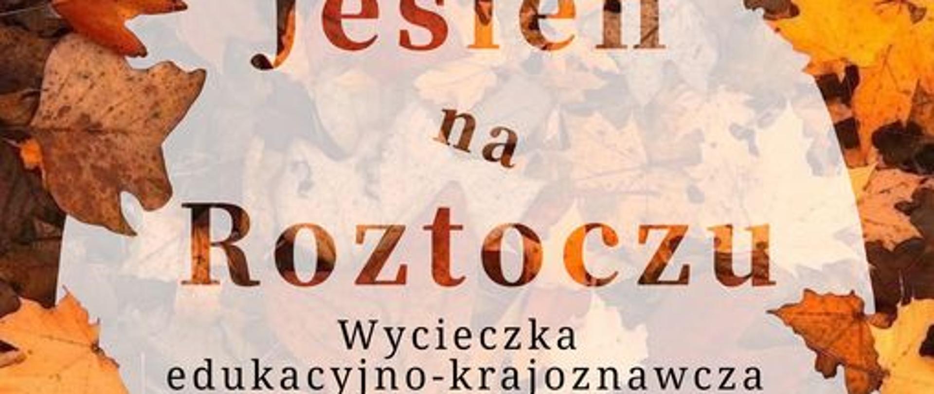 Plakat wycieczki edukacyjno krajoznawczej. Plakat w środkowej części w jasnych kolorach. Plakat obramowany jest wielobarwnymi motywami jesiennych liści. W centralnej części umieszczono informacje dotyczące wycieczki. 