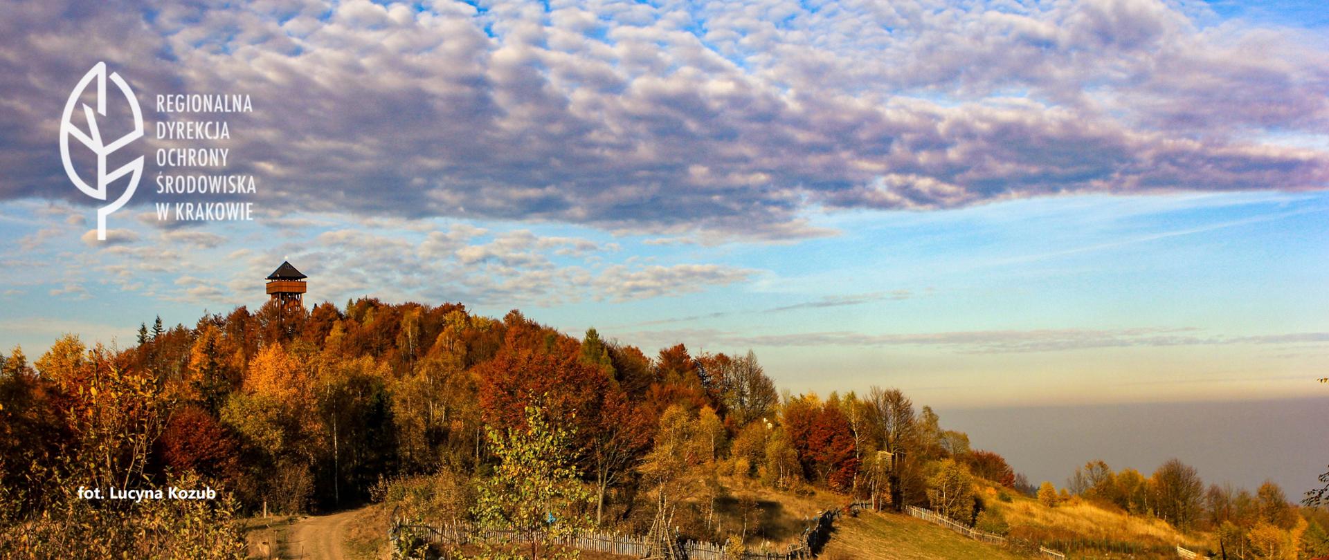 krajobraz górzysty, w tle zalesione wzgórze w jesiennych barwach, na szczycie wieża widokowa