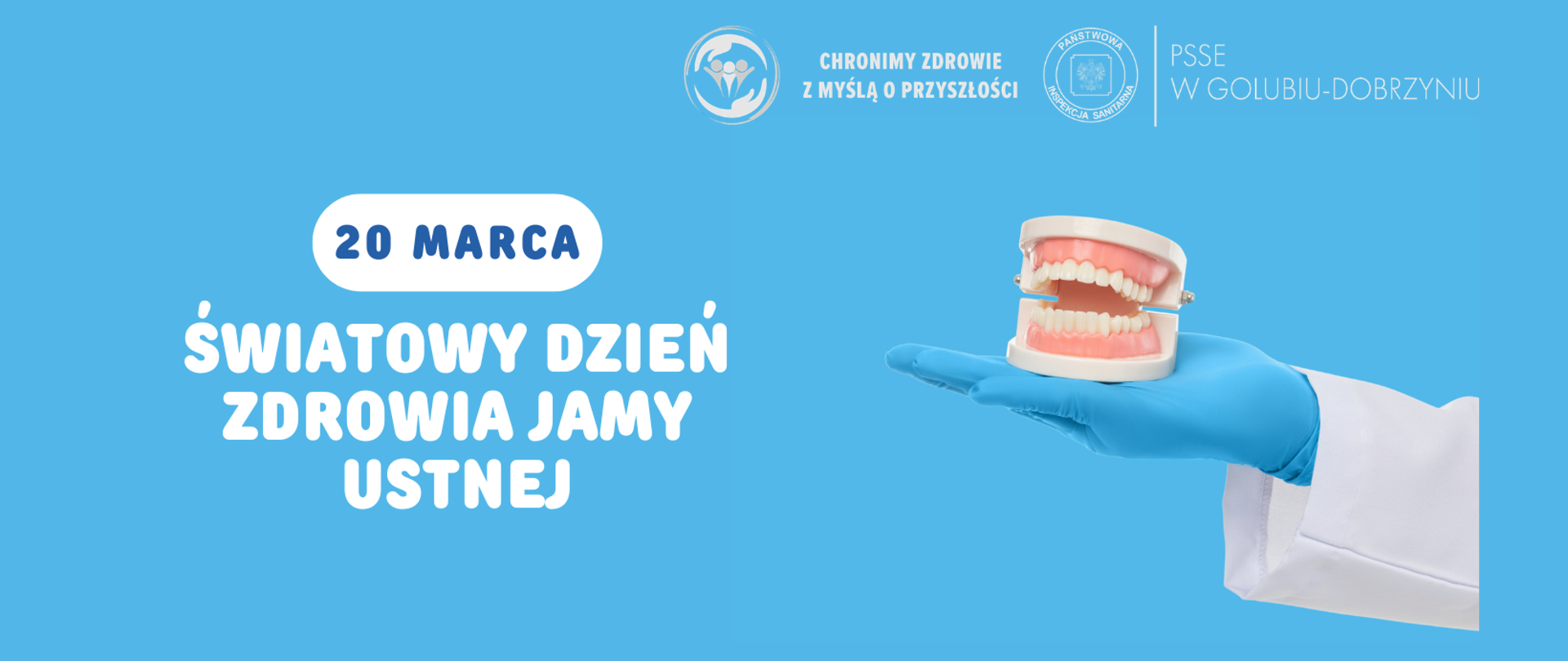 Grafika przedstawiająca po lewej stronie napis: "20 marca Światowy Dzień Zdrowia Jamy Ustnej", po prawej zaś stronie dłoń stomatologa w niebieskiej rękawiczce ochronnej, na której znajduje się model szczęki stomatologicznej. W prawym górnym rogu wspólne logo Państwowej Inspekcji Sanitarnej z logiem Powiatowej Stacji Sanitarno-Epidemiologicznej w Golubiu-Dobrzyniu.