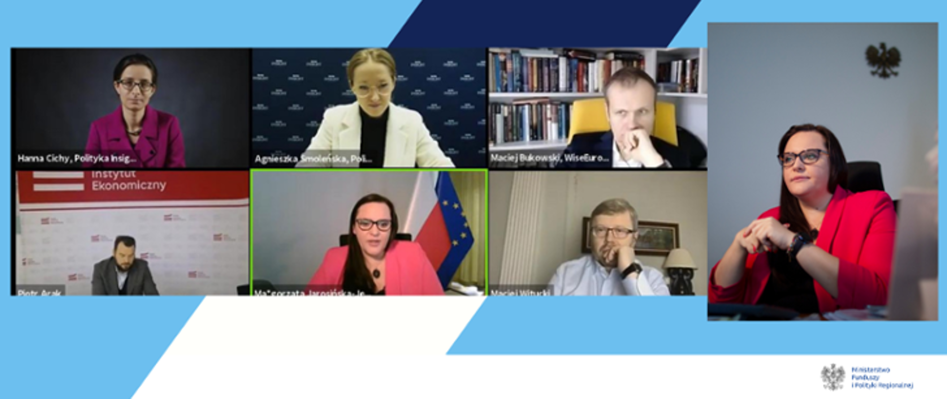 Zrzut ekranu z debaty online nad Krajowym Planem Odbudowy. Widoczny kolaż zdjęć osób biorących udział w wydarzeniu, w tym minister Małgorzaty Jarosińskiej-Jedynak.