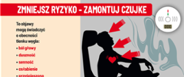 Z prawej ciemna postać człowieka siedzącego na fotelu. Trzy czerwone strzałki wskazujące na jego głowę, gardło i serce oraz smuga szarego dymu. Z lewej napisy te objawy mogą świadczyć o obecności tlenku węgla ból głowy, duszność, senność, osłabienie, przyśpieszona czynność serca. Na górze duży napis zmniejsz ryzyko zamontuj czujkę.