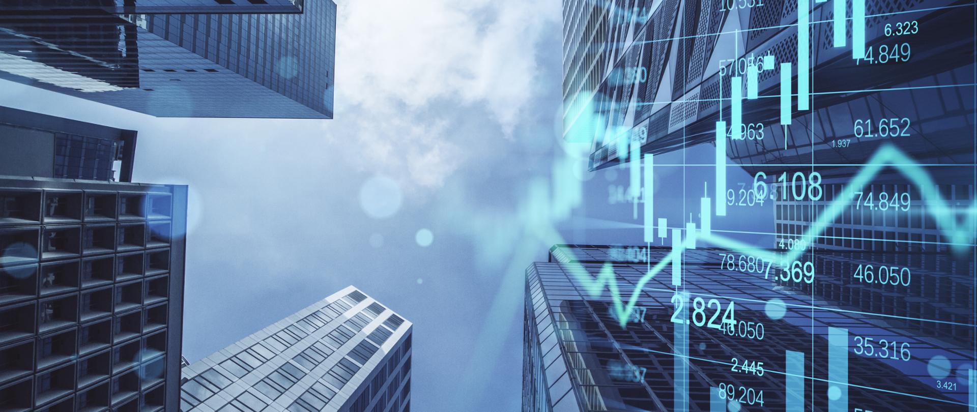 Real estate, development and investing concept with financial chart indicators and stock market graphs on city skyscrapers tops bottom view, double exposure