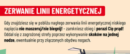 Grafika informacyjna zatytułowana „Zerwanie linii energetycznej”, przygotowana przez Państwową Straż Pożarną (PSP) w ramach kampanii „Prewencja Społeczna”.
W górnej części znajduje się ostrzeżenie:
> "Gdy znajdziesz się w pobliżu nagłego zerwania linii energetycznej niskiego napięcia nie maszeruj/nie biegnij! – zamkniesz obieg i porażi Cię prąd! Oddal się z zagrożonej strefy poprzez wykonywanie skoków na jednej nodze, ewentualnie przy złączonych obydwu nogach."
Poniżej widoczna jest ilustracja: po lewej stronie chłopiec pokazuje prawidłowy sposób opuszczania strefy zagrożenia – wykonując skoki z nogami razem lub na jednej nodze (oznaczone zielonym znakiem „✓”). Po prawej stronie inny chłopiec maszeruje i zostaje porażony prądem, ponieważ znajduje się w pobliżu zerwanej linii energetycznej (oznaczone czerwonym znakiem „✗”). Obok leży przewód elektryczny zwisający z przechylonego słupa, a obok stoi uszkodzony czerwony samochód z dymem unoszącym się z maski.
W lewym dolnym rogu umieszczone są logotypy PSP oraz kampanii „Prewencja Społeczna”. Grafika ma charakter ostrzegawczy i edukacyjny.