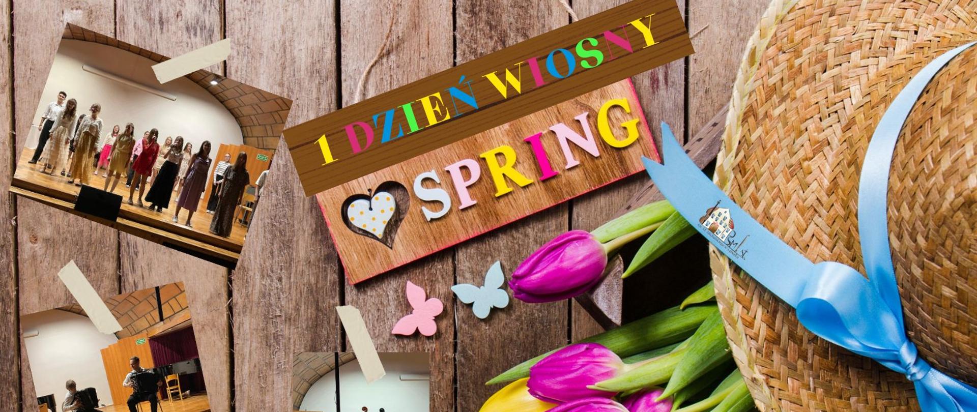 Plakat na pierwszy dzień wiosny. Na tle imitującym drewno znajduje się bukiet tulipanów oraz miniaturowe zdjęcia z koncertu.