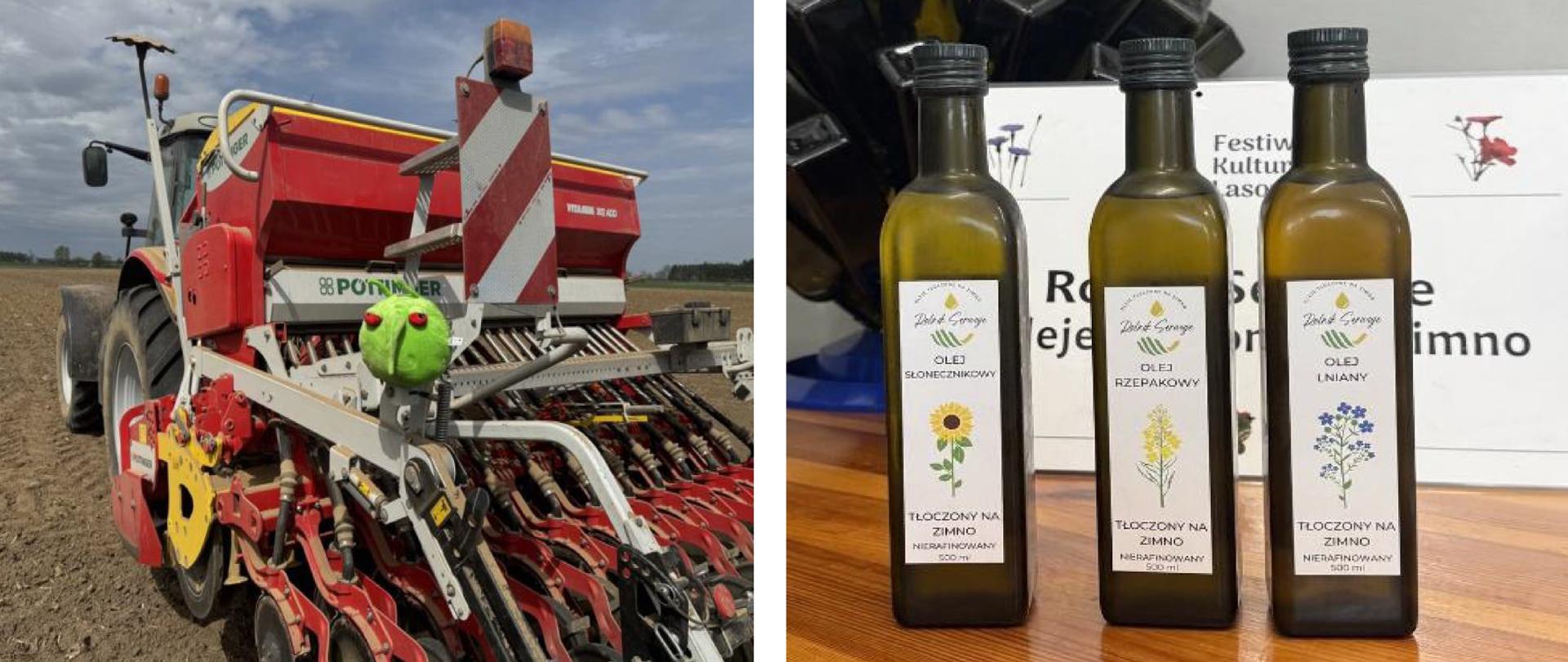 po lewej czerwona maszyna rolniczna na ktrorej stoi zielona maskotka, po prawej ciemne szklane butelki stojące na stole