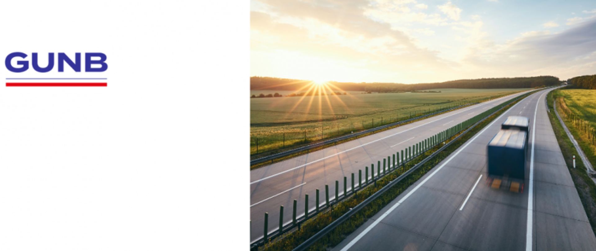 Logo GUNB obok zdjęcia autostrady z ciężarówką, zielone pola i zachód słońca w tle.