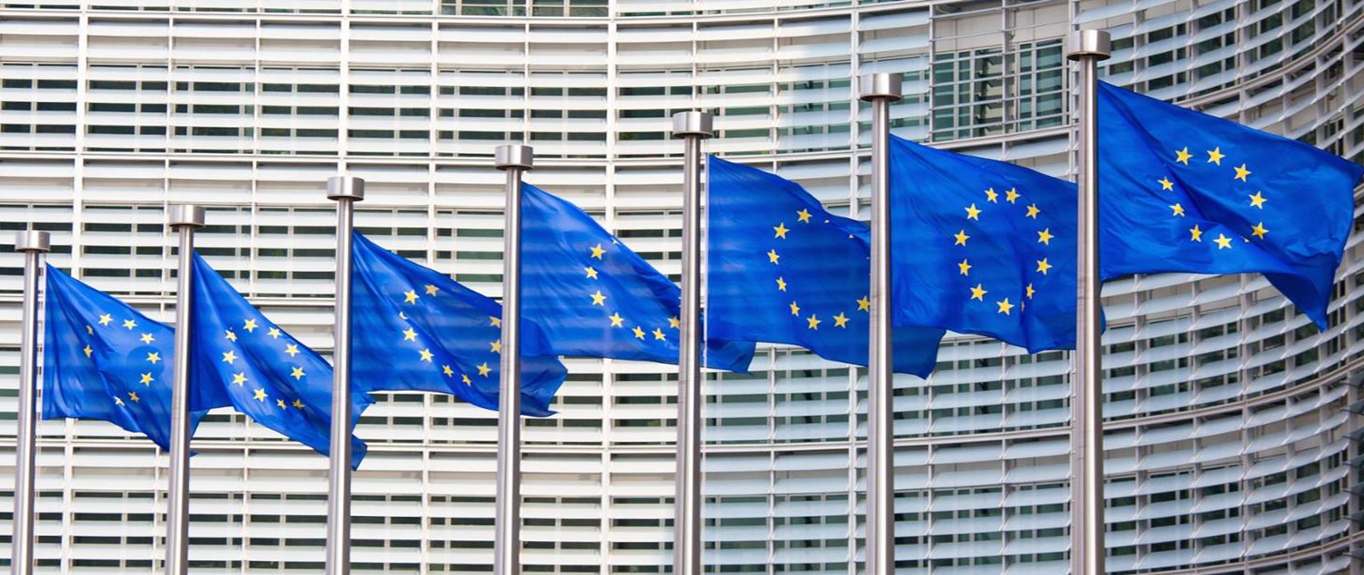 Na zdjęciu widać budynek na tle którego na masztach powiewa 7 flag Unii Europejskiej