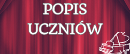 na czerwonym tle imitującym kotarę białe napisy, z prawej biały rysunek fortepianu