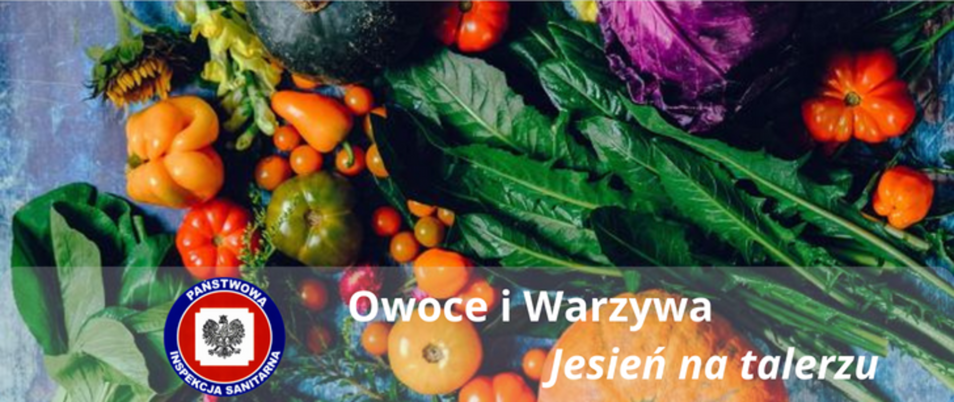 Zdjęcie przedstawiające różne warzywa szpinak, sałatę kapustę czerwoną, różne pomidory, różne papryki i dynię, oraz logo Państwowej Inspekcji Sanitarnej i napis Owoce I Warzywa Jesień na talerzu 